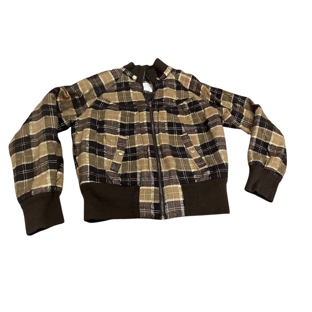 Vintage Southpole Bomber Jacket Mens L Brown Plaid Full Zip Y2K Streetwear